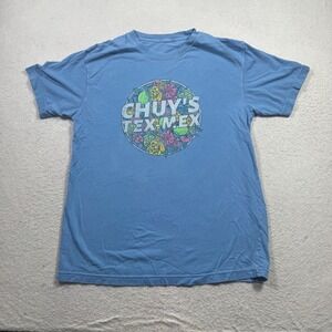 Chuy's Tex Mex T-Shirt Unisex Large Blue Floral Graphic Distressed Austin TX